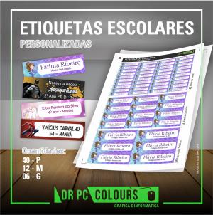 Etiquetas Escolares - Cartela A4 - Corte Reto Papel Couchê Adesivo 40 adesivos P - 12 adesivos M - 06 adesivos G 4x0 Impressão Laser Refile 